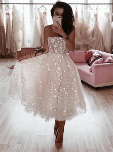 A Line Spaghetti Strap Tea Length Pearl Pink Tulle Prom Dress With Beadings LBQ0704