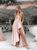 A Line V Neck Pink Satin Asymmetrical Prom Dresses with Pleats