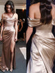 Sheath Off the Shoulder Satin Floor Length Champagne Prom Dresses with Slit