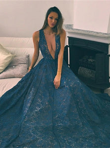 A Line V Neck Lace Blue Sleeveless Prom Dresses