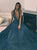 A Line V Neck Lace Blue Sleeveless Prom Dresses