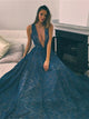 A Line V Neck Lace Blue Sleeveless Prom Dresses