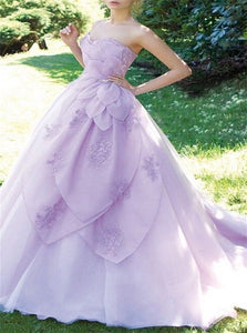 Lace Organza Ball Gown Strapless Purple Prom Dresses