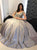 Ball Gown V Neck Silver Beadings Satin Prom Dresses 