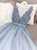 Blue V Neck Tulle Open Back Sweep Train Prom Dresses