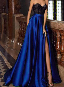 A Line Sweetheart Blue Prom Dresses with Black Lace