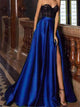 A Line Sweetheart Blue Prom Dresses with Black Lace