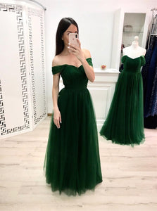 A Line Off the Shoulder Tulle Green Prom Dresses