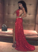 Red Sequins Sweep Train Prom Dresses