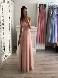 A Line Off the Shoulder Tulle Pink Floor Length Prom Dresses