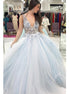 A Line V Neck Floral Appliques Tulle Prom Dress LBQ0635