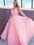 A Line Pink V Neck Beaded Tulle Prom Dresses LBQ2195