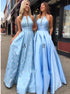 Blue A Line Satin Appliques Prom Dresses LBQ1207