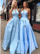 Blue A Line Halter Satin Appliques Prom Dresses