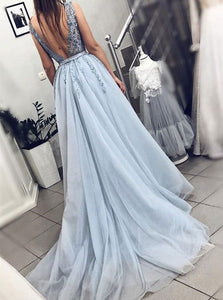 A Line Blue V Neck Tulle Beadings Prom Dresses