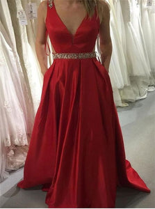 Red Satin Beadings V Neck Prom Dresses with Sweep Train