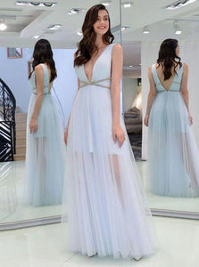 A Line V Neck Light SkyBlue Open Back Tulle Prom Dresses LBQ2703