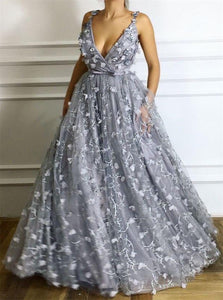 Straps A Line Tulle Silver Appliques Prom Dresses
