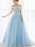 A Line Light Blue Lace Up Prom Dresses With Appliques Sweep Train LBQ1265