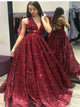 A Line Sleeveless  Criss Cross Burgundy Sequin Prom Dresses
