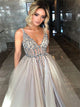 A Line V Neck Tulle Silver Prom Dresses with Beadings