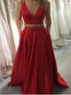 A Line V Neck Sleeveless Prom Dresses with Pockets