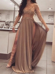 Long Sleeves High Neck Split Satin Open Back Prom Dresses