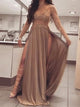 Long Sleeves High Neck Split Satin Open Back Prom Dresses