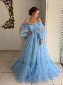 A Line Tulle Off the Shoulder Puffy Sleeves Pleats Floor Length Prom Dresses 
