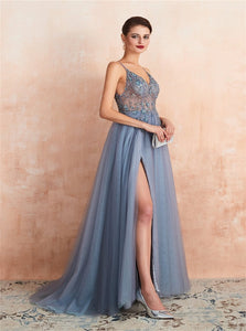 A Line Tulle V Neck Beadings Prom Dresses with Slit 