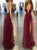 Sequins Spaghettis Straps V Neck Slit Tulle Burgundy Prom Dresses 