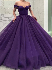 Purple Tulle Off the Shoulder Ball Gown Prom Dresses