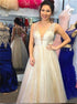 Deep V Neck Sleeveless Lace Floor Length A Line Prom Dresses LBQ1911
