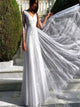 White Sparkly A Line Long Sleeve Open Back V Neck Prom Dresses LBQ1596