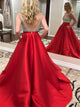 A Line V Neck Beadings Red Satin Prom Dresses