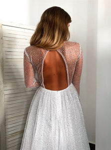 White Sparkly A Line Long Sleeve Open Back V Neck Prom Dresses LBQ1596