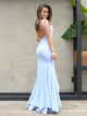 Sweep Train Blue Backless Evening Dresses