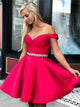 A Line Off Shoulder Satin Pleats Prom Dresses with Beadings 
