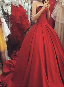 Red Strapless Ball Gown Satin Prom Dresses 