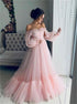 Tulle Off the Shoulder Puffy Sleeves Pleats Prom Dress LBQ0585