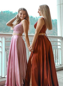 Two Piece A Line Satin and Lace Pink Prom Dresses with Slit 