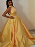 High Neck Yellow Satin Prom Dress LBQ1474