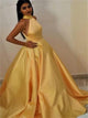 A Line Sleeveless High Neck Yellow Satin Prom Dresses