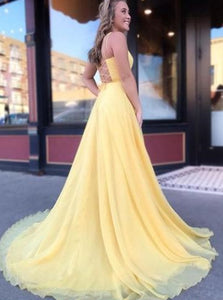 A Line Chiffon Lace Up Prom Dresses with Sweep Train