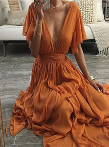 Chiffon V Neck A Line Orange Prom Dresses with Floor Length
