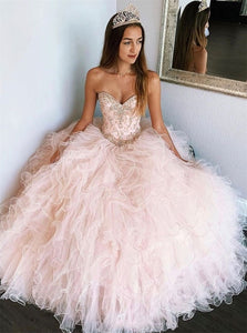 Pink Sweetheart Beadings Ball Gown Tulle Floor Length Prom Dresses