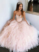 Pink Sweetheart Beadings Ball Gown Tulle Floor Length Prom Dresses
