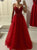 Red Beaded Tulle Spaghetti V Neck Prom Dresses