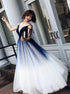 Blue Tulle V Neck Sleeveless Prom Dress LBQ0999