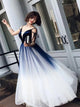 Blue Tulle V Neck Sleeveless Prom Dresses